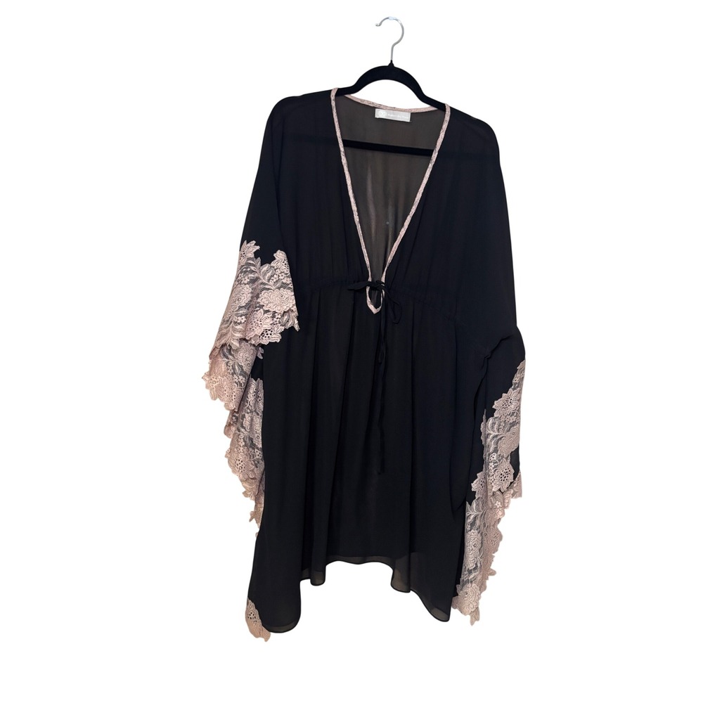 Maneesha Ruia Womens Kaftan One Size Black Lace Trim Sheer Chiffon Boho Romantic